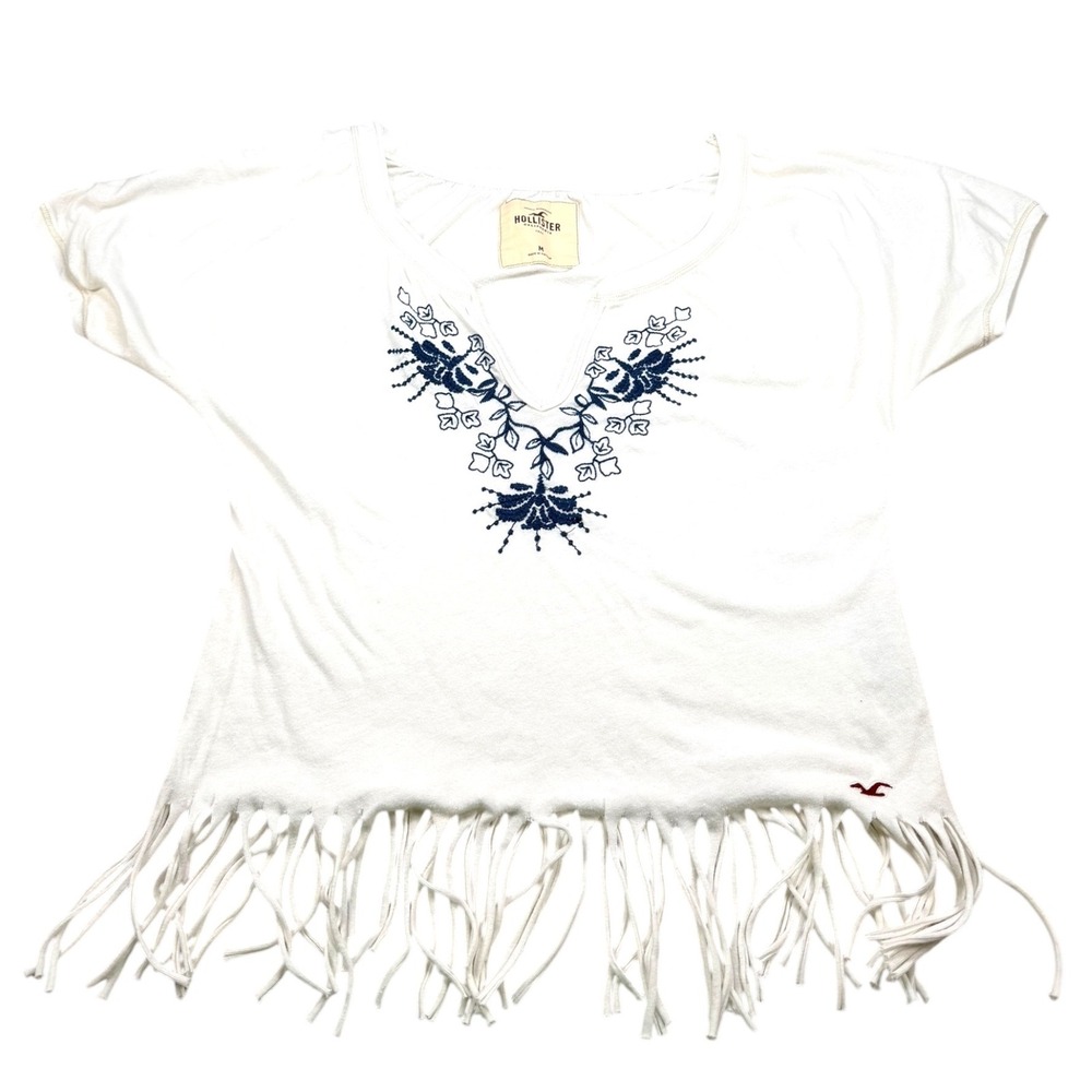 Hollister Women M Y2K Boho Embroidered Fringe Top Ivory Navy Festival Shirt
